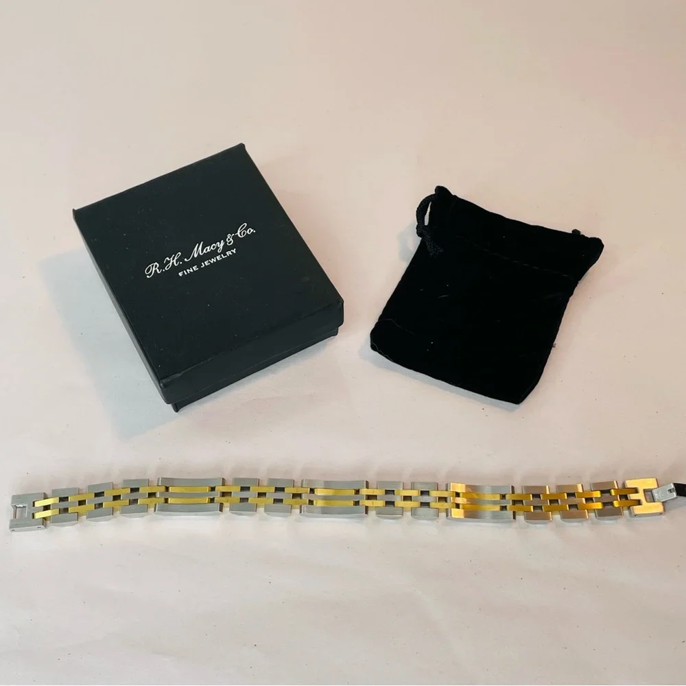 R.H. Macy Mens Two Toned Stainless Steel Metal Link Diamond Bracelet 9” Long - Picture 16 of 16